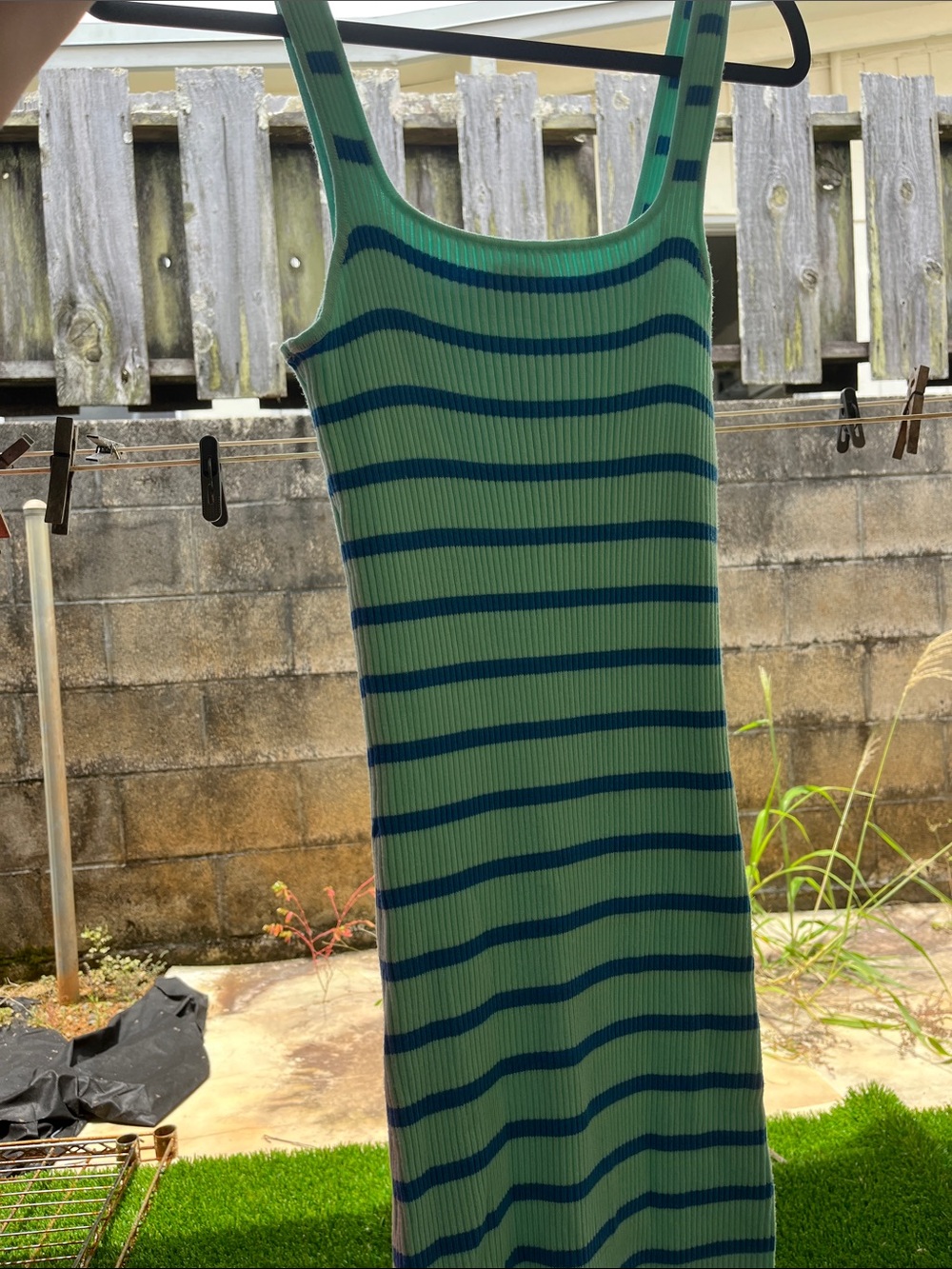 Green and Blue Striped Ribbed Maxi Dress
